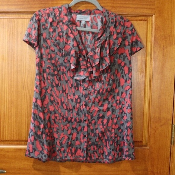 Classiques Entier Coral Print Animal  Print Button Up Ruffle Blouse LG Silk - Picture 2 of 12